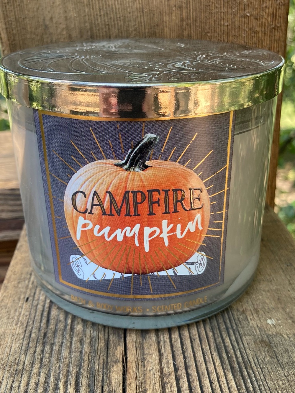 Bath & Body Works CAMPFIRE PUMPKIN 3 Wick 14.5 oz Candle New PUMPKIN STAMPED LID
